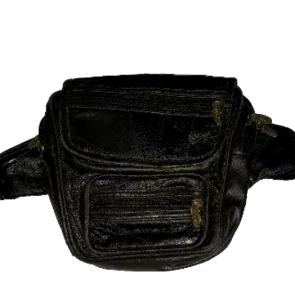 Leather Waist Bag, Soft Black Leather with 8 Compartments, Adjustable OS Unisex